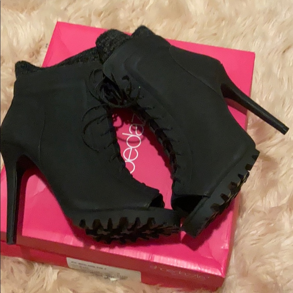 Black Peep Toe Tie Up Bootie w/ Sock “Insert”